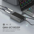 USB 4 Type-C to Dual-Port 10Gbe SFP+ Network Adapter with laptop and cables on a gray surface