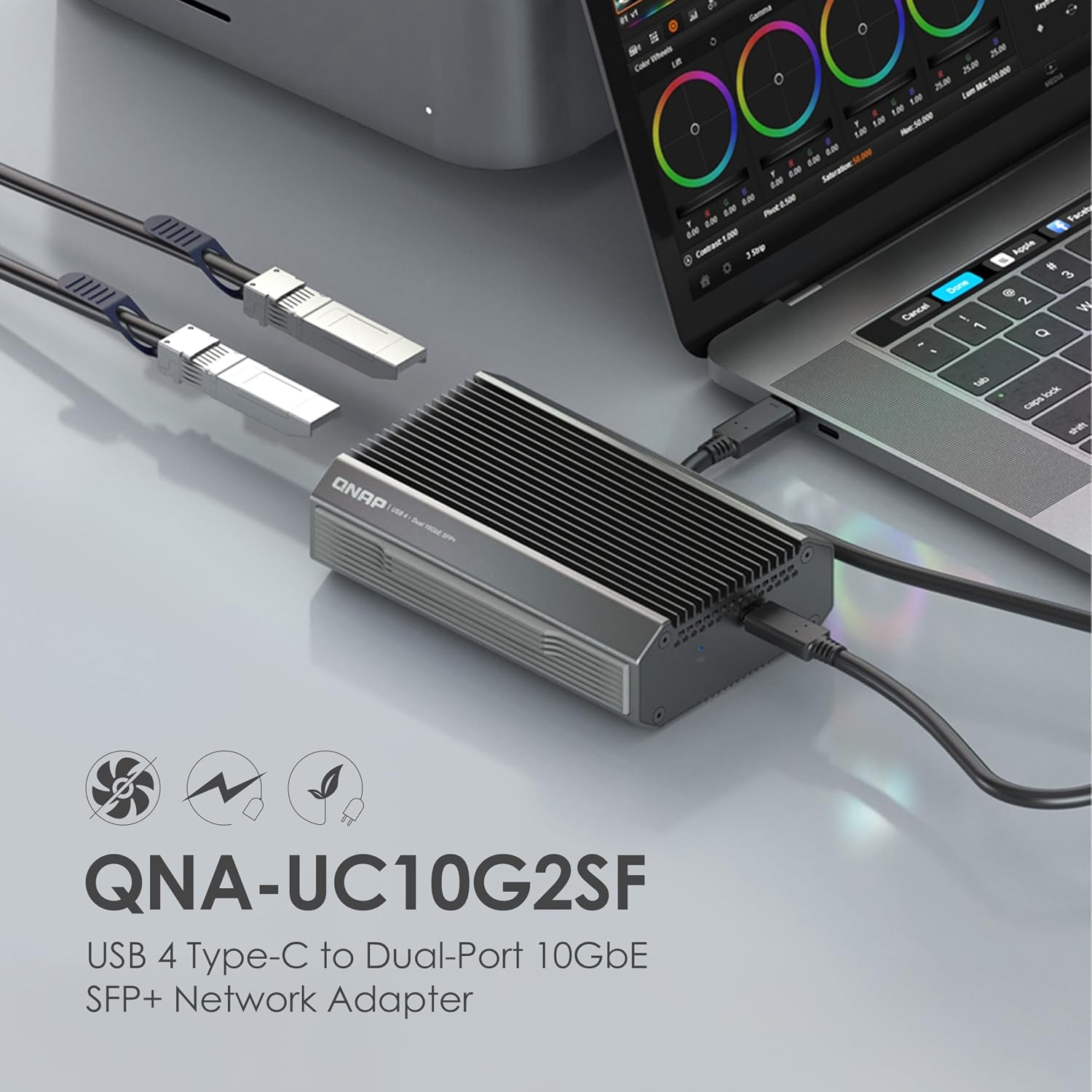 USB 4 Type-C to Dual-Port 10Gbe SFP+ Network Adapter with laptop and cables on a gray surface