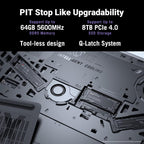 Promotional graphic for a laptop cooling and storage upgrade product, with text at the top reading 'PIT Stop Like Upgradability' and feature callouts for 64GB 5600MHz DDR5 memory and 8TB PCIe 4.0 SSD storage.