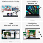 A four-panel marketing graphic for Samsung Galaxy devices. The top-left panel shows a laptop and tablet with colorful abstract artwork and text reading 'Performance meets versatility.
