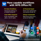 Advertisement for WPS Office PC with features highlighted and a person using a tablet.