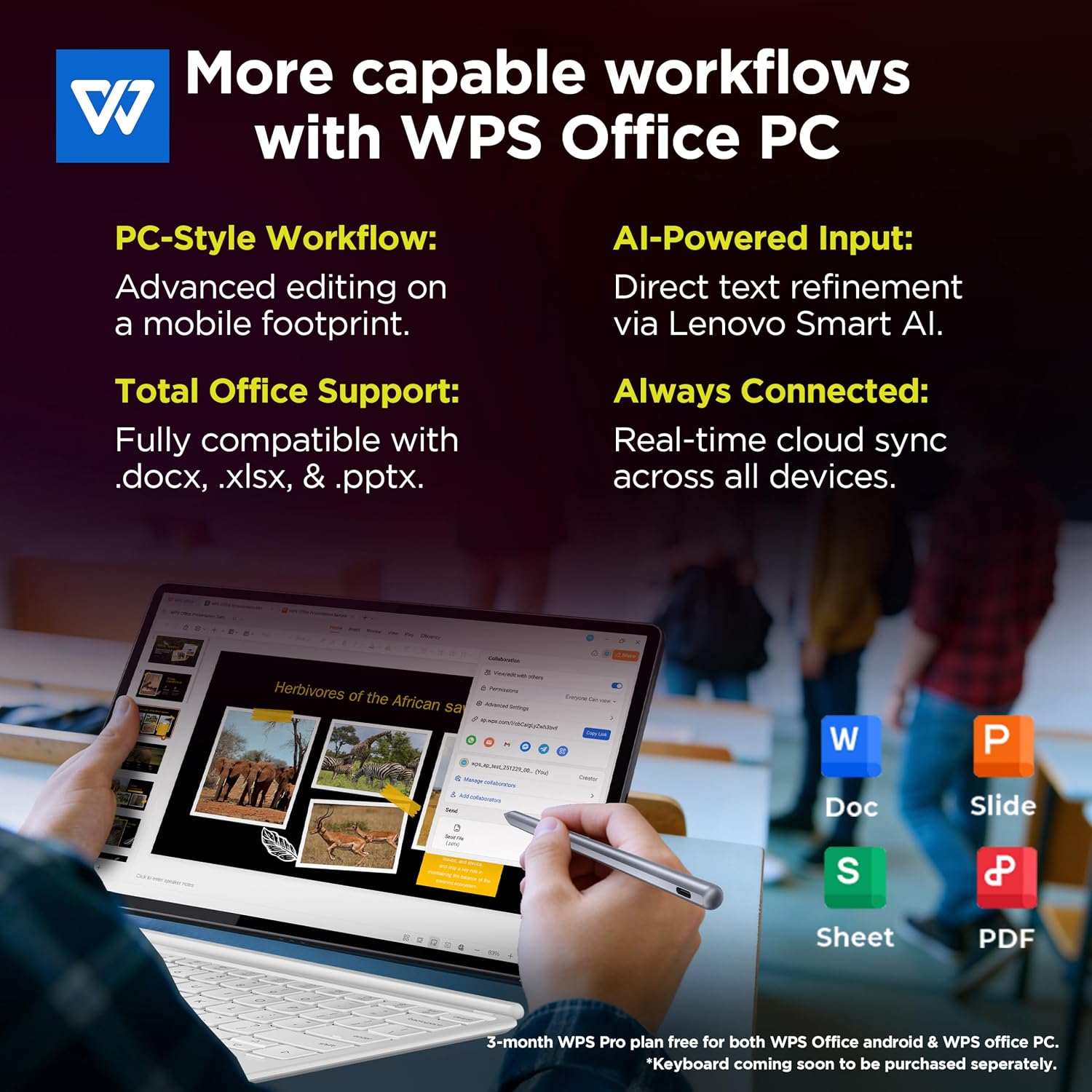 Advertisement for WPS Office PC with features highlighted and a person using a tablet.