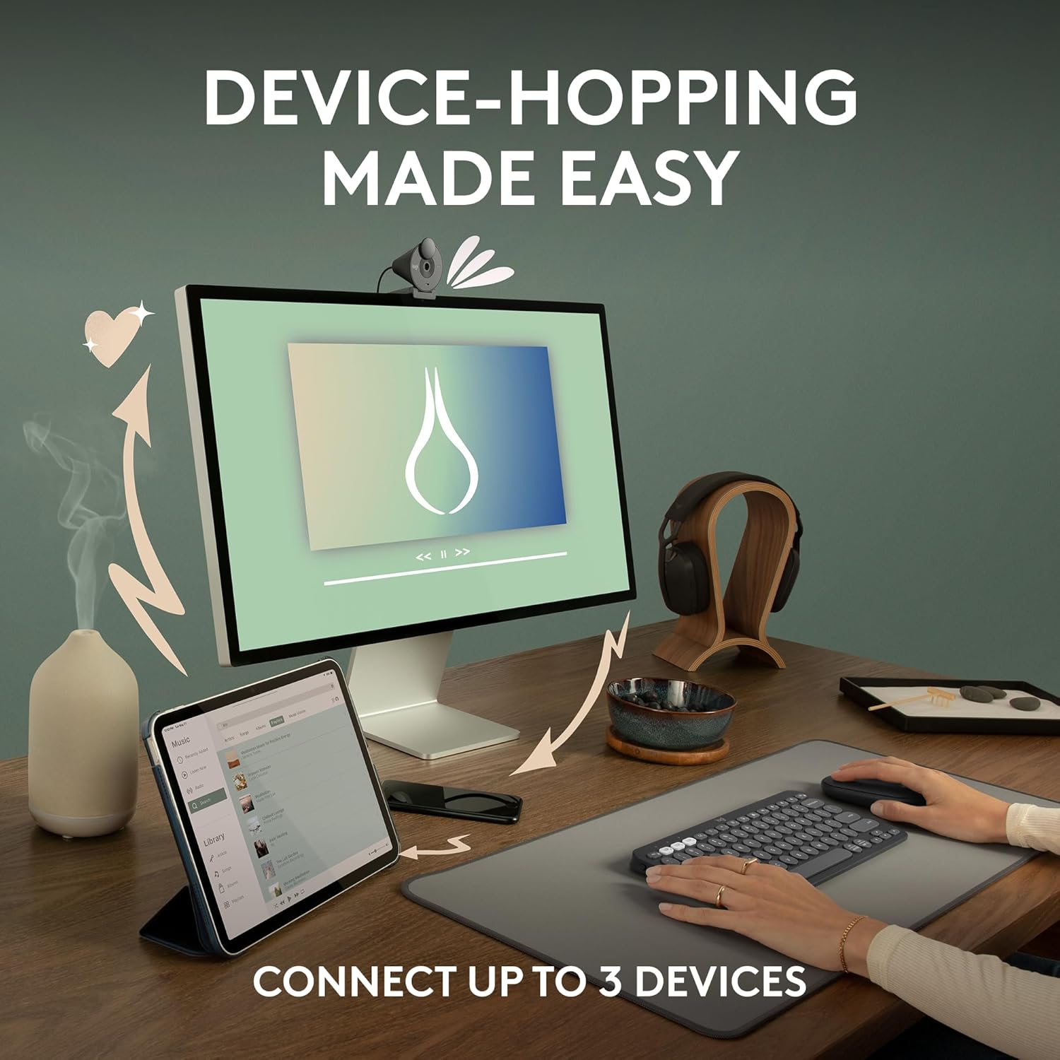 Desk setup with multiple devices and text 'Device-Hopping Made Easy' on a green background