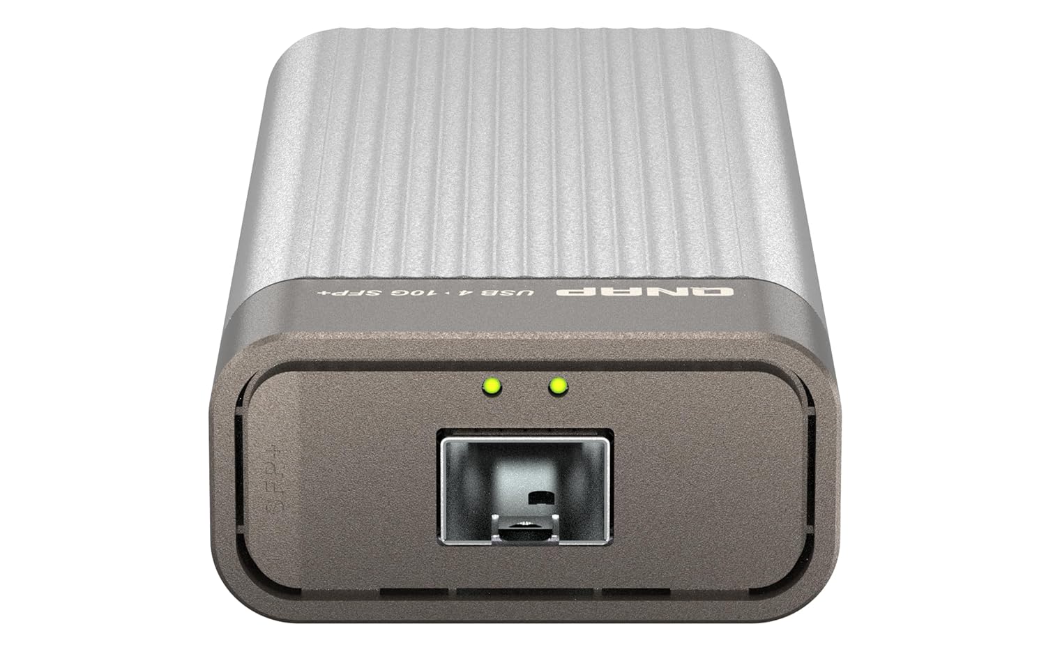 A silver and dark gray ONTP USB 3.0 external SSD enclosure with a ribbed metallic top and a front USB port, shown on a plain white background.