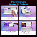 Promotional infographic for Lenovo AI features, showing four panels with tablets and laptops demonstrating AI reading, notes, creation, and search capabilities. Text includes 'Power up with Lenovo AI features' and product names such as Smarter Reader, Lenovo AI Notes, Lenovo AI creation, and Circle to search with Google Gemini.