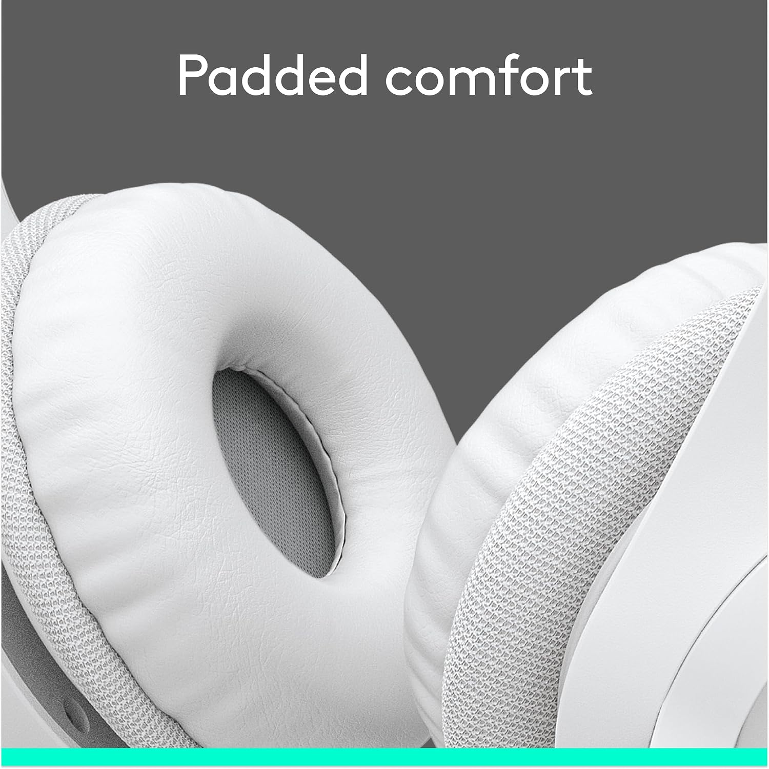 Close-up of a white pillow with 'Padded comfort' text on a gray background