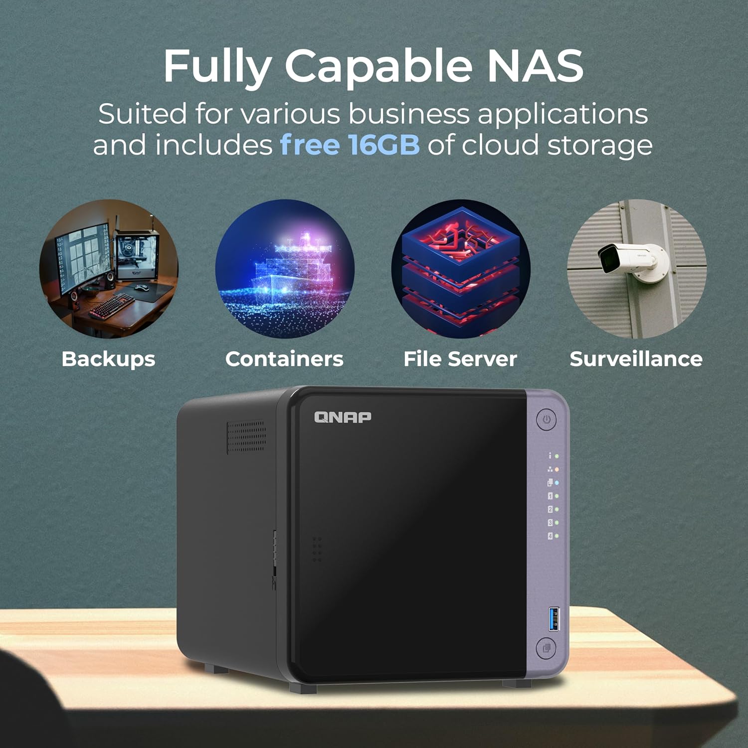 QNAP NAS device with features for backups, containers, file server, and surveillance on a blue background.