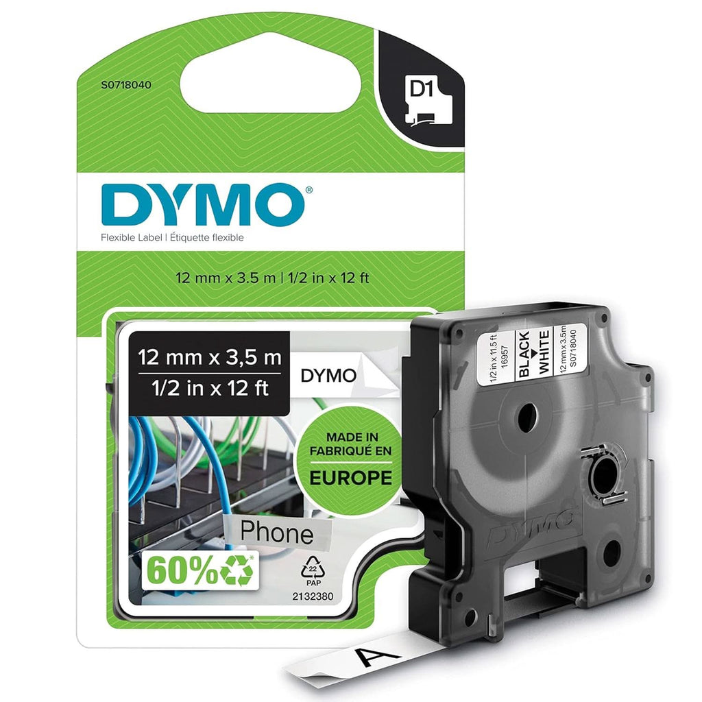 DYMO AUTHENTIC D1 LABELS, 12MM X 3.5M ROLL, BLACK PRINT ON WHITE TAPE, SELF-ADHESIVE LABELS FOR LABELMANAGER & MOBILELABELER LABEL PRINTERS