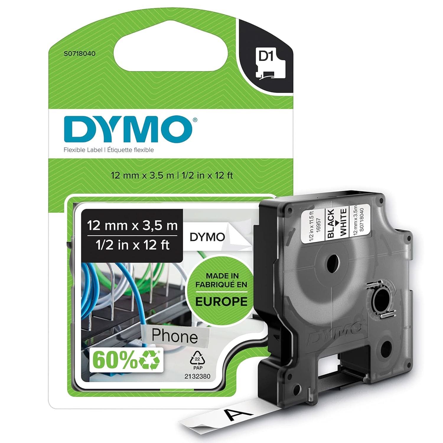 DYMO AUTHENTIC D1 LABELS, 12MM X 3.5M ROLL, BLACK PRINT ON WHITE TAPE, SELF-ADHESIVE LABELS FOR LABELMANAGER & MOBILELABELER LABEL PRINTERS