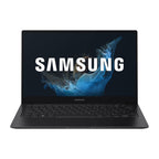 A Samsung laptop shown from the front on a plain white background, with the screen turned on and displaying the Samsung logo over a blue abstract wallpaper.