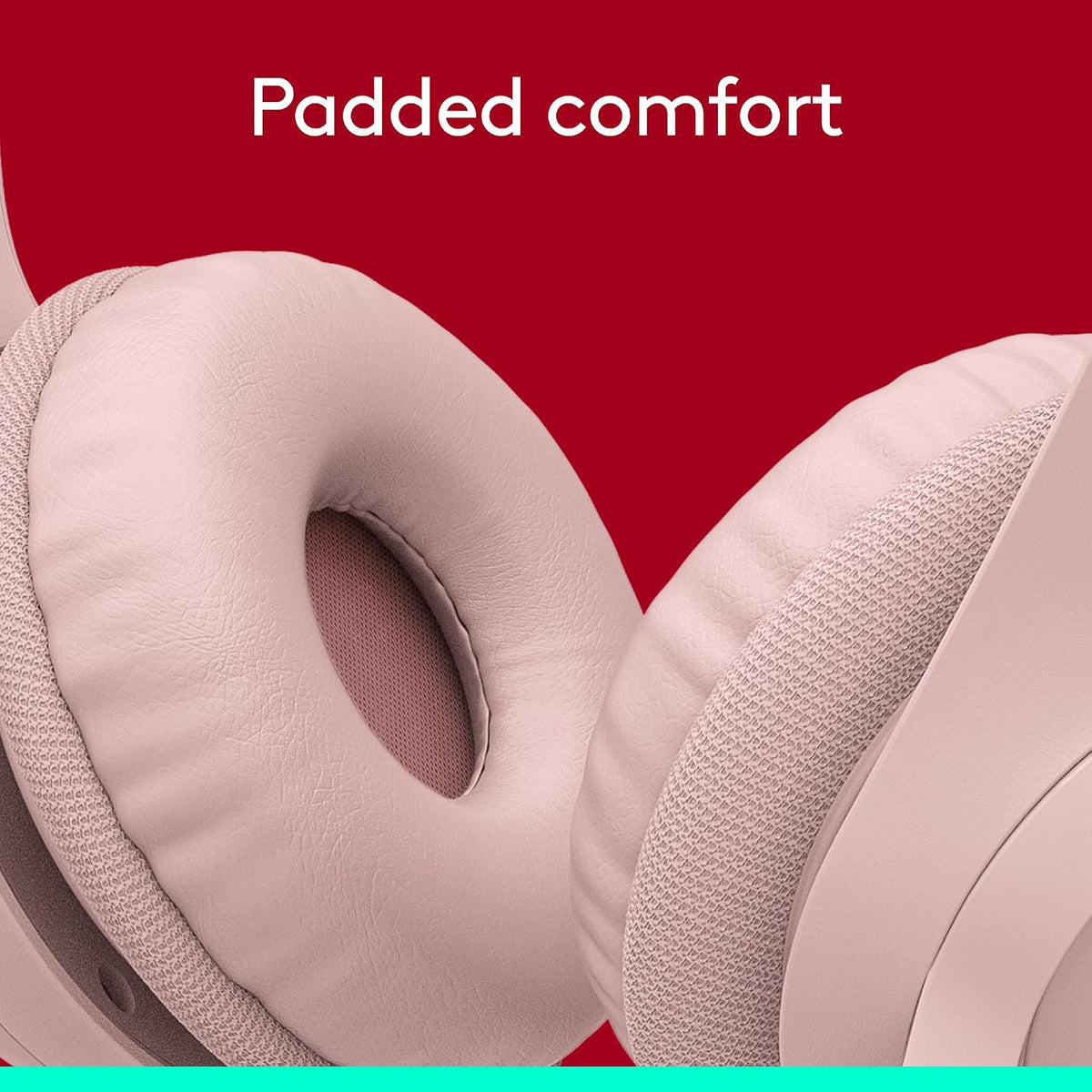Close-up of pink earbuds with 'Padded comfort' text on a red background