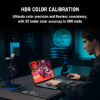 A man sits at a desk using a laptop in a dimly lit room with blue ambient lighting. Large text at the top reads 'HDR COLOR CALIBRATION' with a subtitle about color precision and consistency.