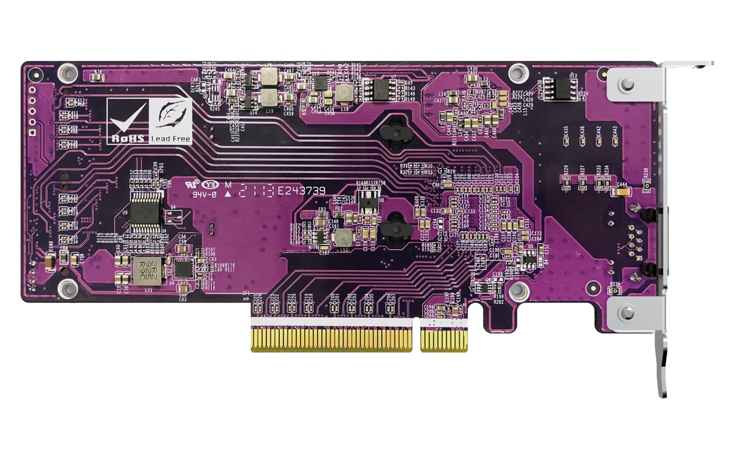 Computer motherboard with purple circuit board on a white background