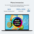 ASUS Lumina OLED laptop shown open on a light gray background with marketing text above it, including 'More immersive,' 'The 16:10 FHD+ 60 Hz OLED display delivers sharp, vibrant visuals with an anti-glare coating,' '86% Screen-to-body ratio*', and '1920 x 1200 resolution.' The screen displays a colorful lime-and-orange splash graphic with a large circular 'ASUS Lumina OLED' badge.