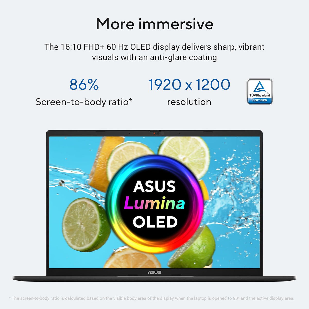 ASUS Lumina OLED laptop shown open on a light gray background with marketing text above it, including 'More immersive,' 'The 16:10 FHD+ 60 Hz OLED display delivers sharp, vibrant visuals with an anti-glare coating,' '86% Screen-to-body ratio*', and '1920 x 1200 resolution.' The screen displays a colorful lime-and-orange splash graphic with a large circular 'ASUS Lumina OLED' badge.