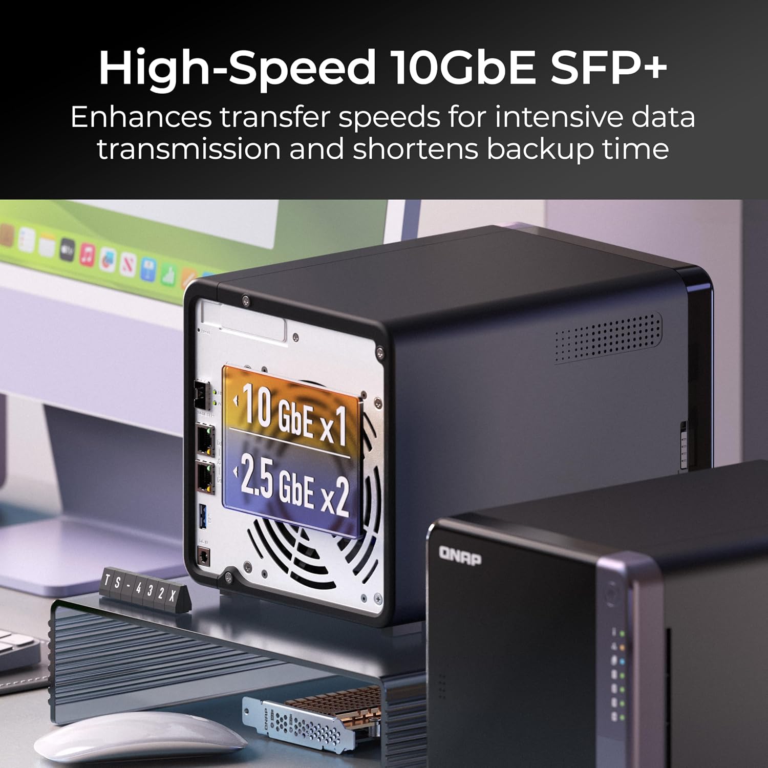 Computer hardware component with 10GbE SFP+ label on a blurred office background