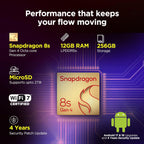 Promotional graphic for a Snapdragon 8s Gen 4 mobile processor, showing a central gold processor chip with red Snapdragon branding on a purple circuit-board background. Text highlights 12GB RAM, 256GB storage, MicroSD support up to 2TB, Wi-Fi 7 certification, and a 4-year security patch.
