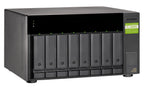 A black ONAP All-in-One NAS system, model TL-D8000C, featuring eight bays for drives, green status indicator lights, and a green product sticker on the front right.