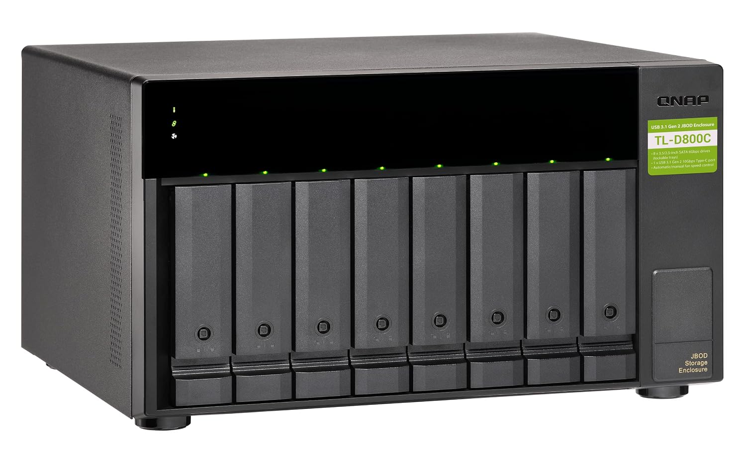 A black ONAP All-in-One NAS system, model TL-D8000C, featuring eight bays for drives, green status indicator lights, and a green product sticker on the front right.