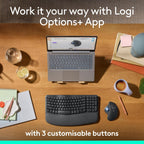 Laptop on a wooden desk with keyboard and mouse, promotional text for Logi Options+ App.