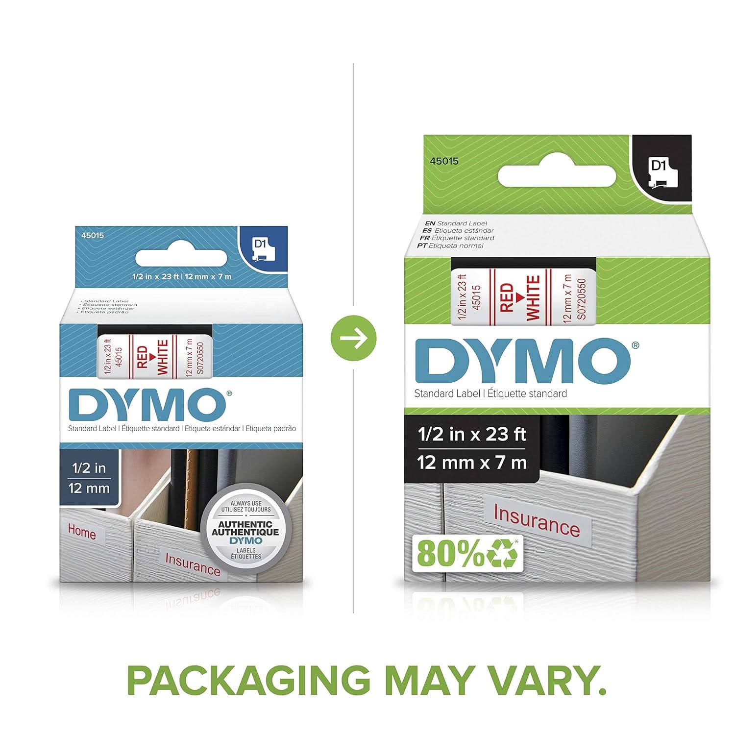 DYMO AUTHENTIC D1 LABELS, 12MM X 7M ROLL, RED PRINT ON WHITE TAPE, SELF-ADHESIVE LABELS FOR LABELMANAGER & MOBILELABELER LABEL PRINTERS