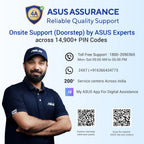 Promotional graphic for ASUS Assurance onsite support, featuring a smiling man in a navy ASUS polo shirt and cap on the left, with text detailing support services, contact information, service centers, and QR codes on a light blue background.