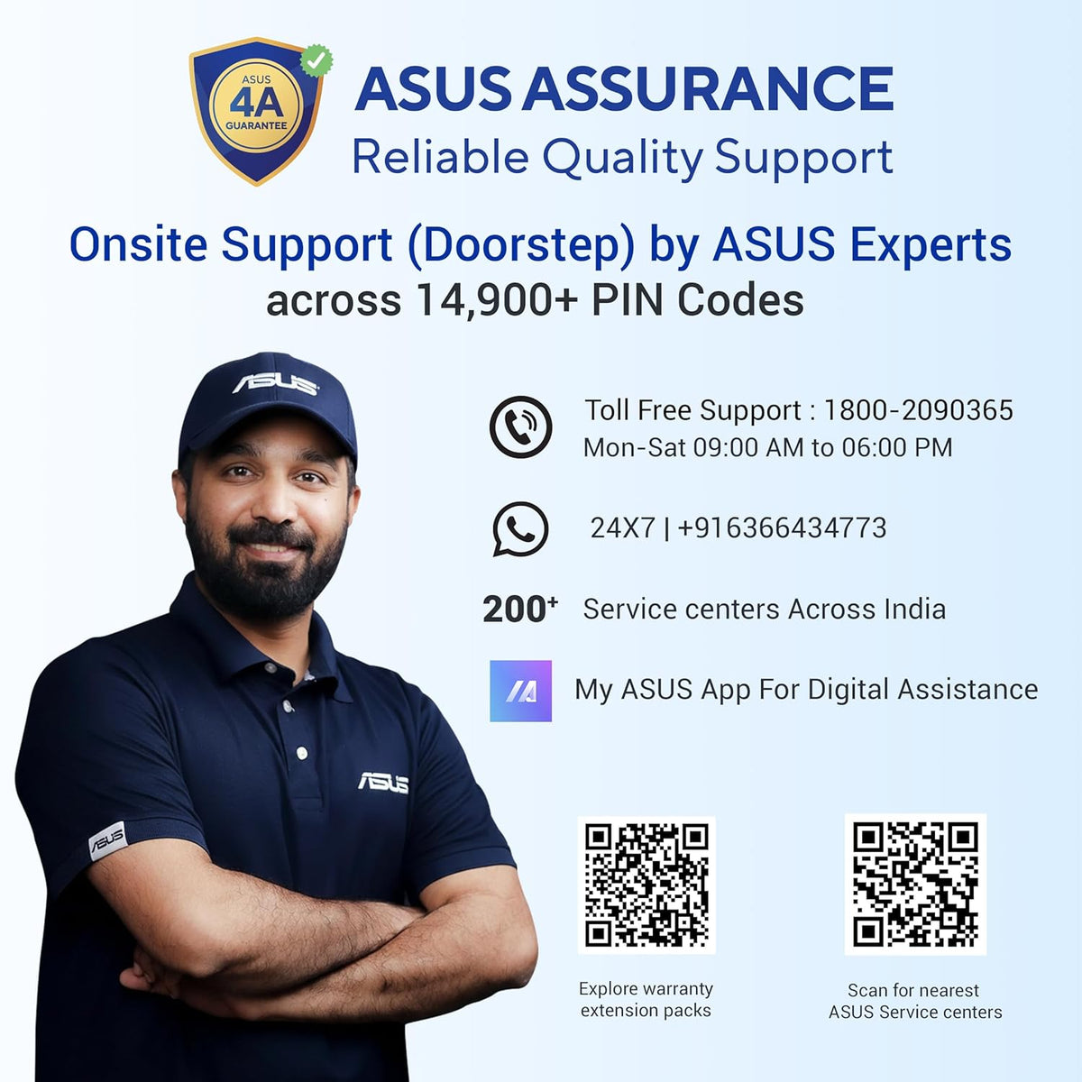 Promotional graphic for ASUS Assurance onsite support, featuring a smiling man in a navy ASUS polo shirt and cap on the left, with text detailing support services, contact information, service centers, and QR codes on a light blue background.