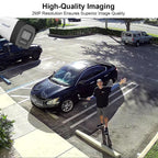 A high-angle outdoor parking lot scene showing a man standing next to a black sedan with his arms outstretched. The image includes a security camera graphic in the top-left corner and text at the top reading 'High-Quality Imaging 2MP Resolution Ensures Superior Image Quality'.