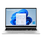 A Samsung Galaxy Book3 laptop shown open against a solid white background, featuring a silver aluminum chassis, black keyboard keys, and a screen displaying the Windows 11 desktop.