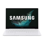 A white Samsung laptop shown open and centered on a plain white background, with the screen displaying the Samsung logo and a dark abstract wallpaper.