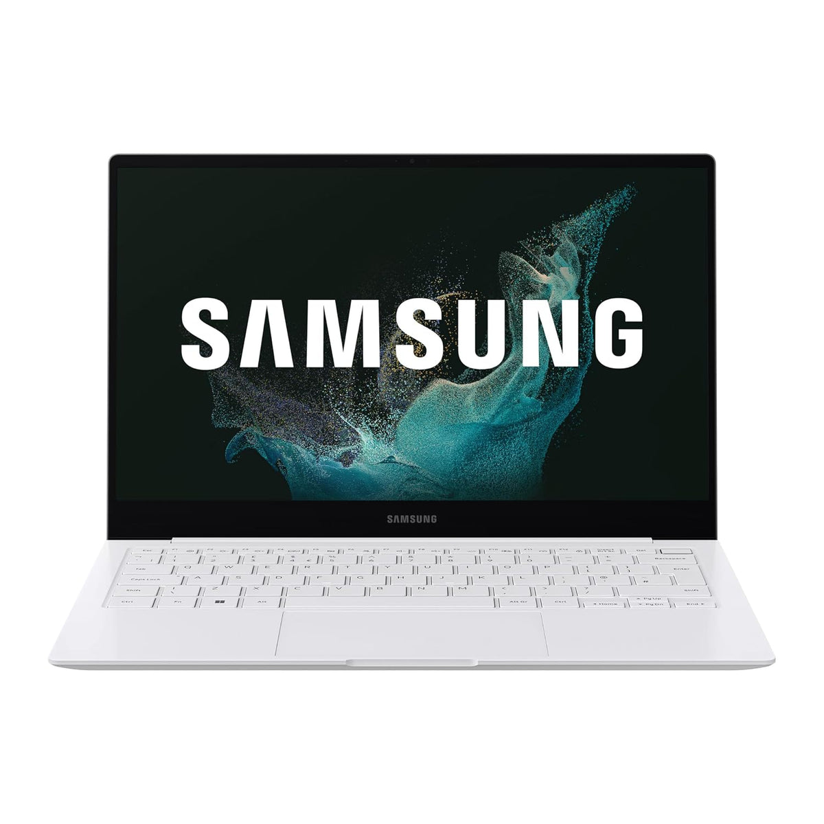 A white Samsung laptop shown open and centered on a plain white background, with the screen displaying the Samsung logo and a dark abstract wallpaper.