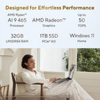 Promotional graphic for a laptop processor and RAM configuration, featuring text specs for AMD Ryzen AI 9 465, AMD Radeon Graphics, 32GB LPDDR5X RAM, 1TB SSD, and Windows 11 Home, above a lifestyle photo of a woman sitting in a chair using a laptop in a bright room.