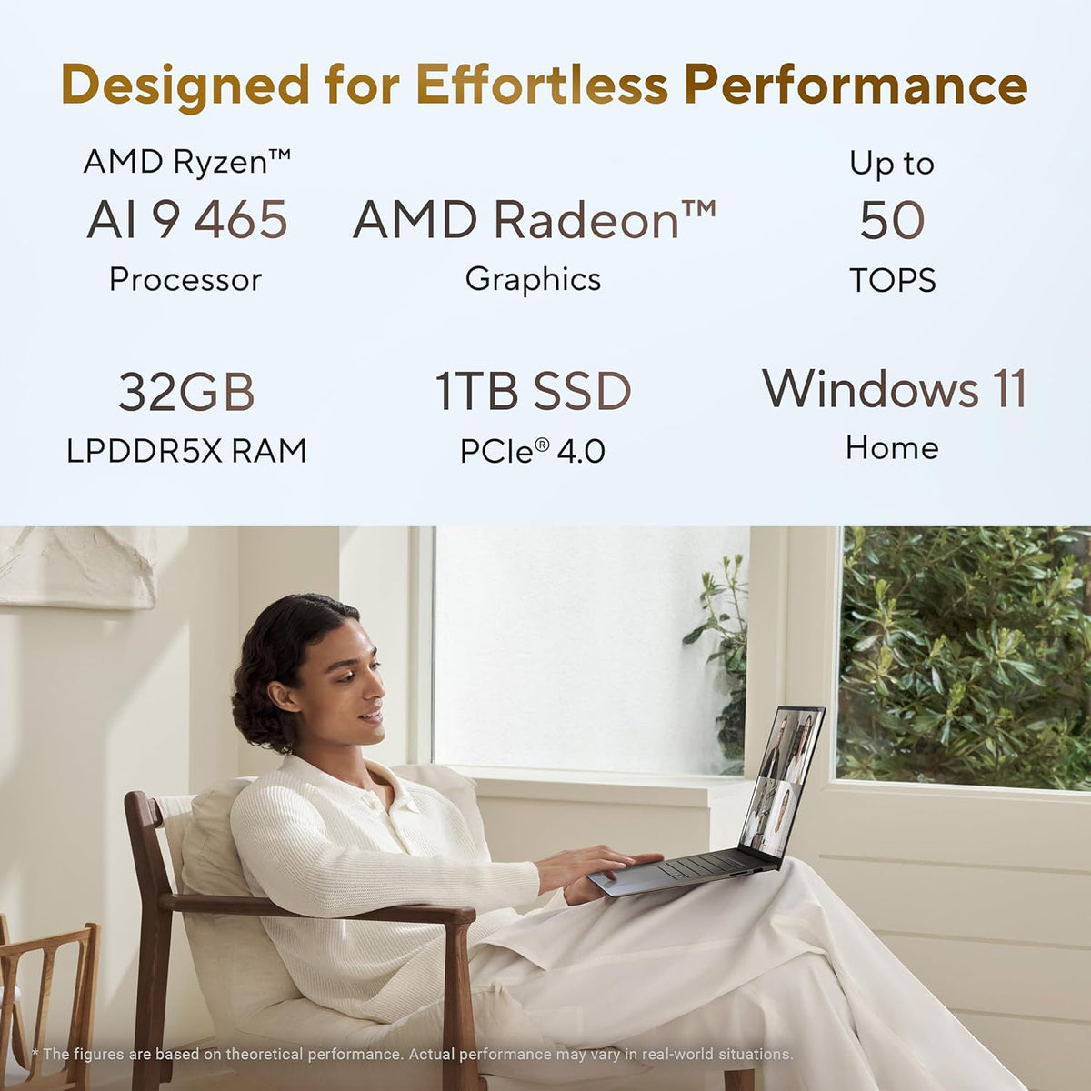 Promotional graphic for a laptop processor and RAM configuration, featuring text specs for AMD Ryzen AI 9 465, AMD Radeon Graphics, 32GB LPDDR5X RAM, 1TB SSD, and Windows 11 Home, above a lifestyle photo of a woman sitting in a chair using a laptop in a bright room.