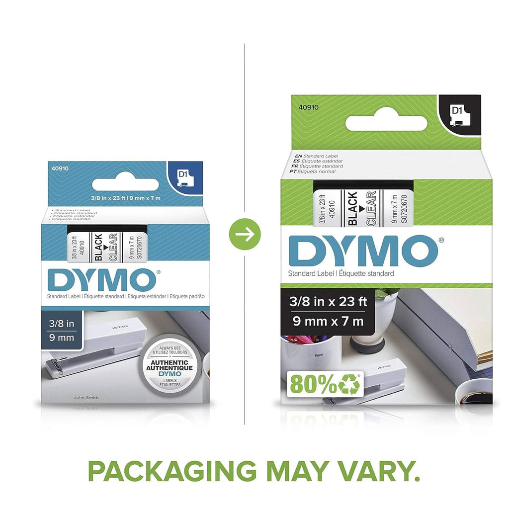 DYMO AUTHENTIC D1 LABELS, BLACK PRINT ON CLEAR TAPE, 9MM X 7M, SELF-ADHESIVE LABELS FOR LABELMANAGER & MOBILELABELER LABEL PRINTERS