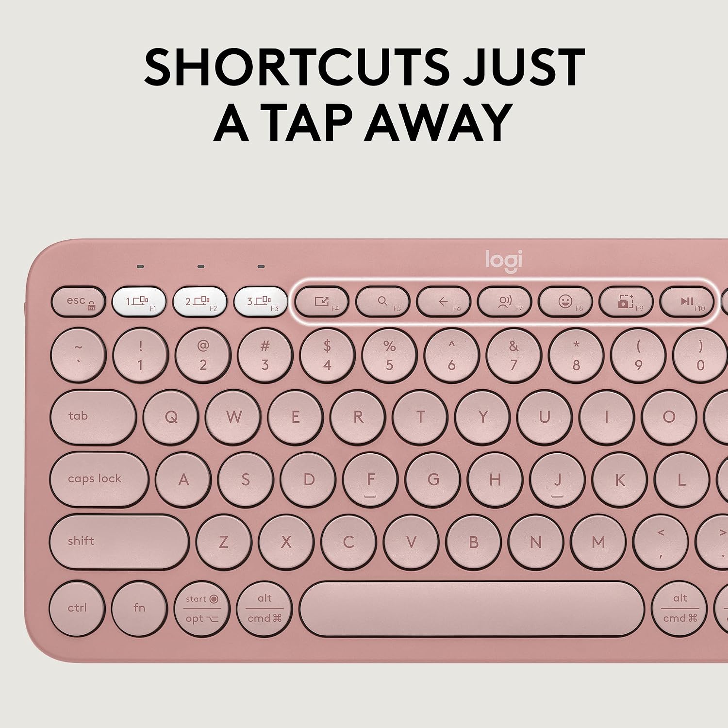 A close-up of a Logitech wireless keyboard in a dusty rose pink color, featuring a clean, minimalist layout with a white top bar and white printed key labels. Above the keyboard, bold black text reads 'SHORTCUTS JUST A TAP AWAY'.