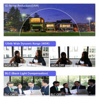 Technical feature comparison graphic for a photo editing or video recording device, showing three sections: '3D Noise Reduction(DNR)' with a night sky demo, '120db Wide Dynamic Range (WDR)' with two office meeting demo photos labeled WDR ON/OFF, and 'BLC (Back Light Compensation)' with four business meeting demo photos labeled BLC ON/OFF.