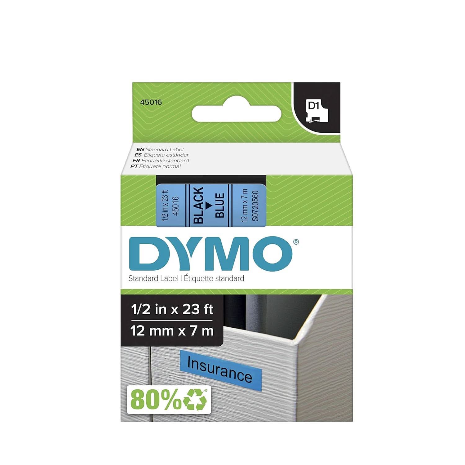 DYMO AUTHENTIC D1 LABELS, 12MM X 7M ROLL, BLACK PRINT ON BLUE TAPE, SELF-ADHESIVE LABELS FOR LABELMANAGER & MOBILELABELER LABEL PRINTERS