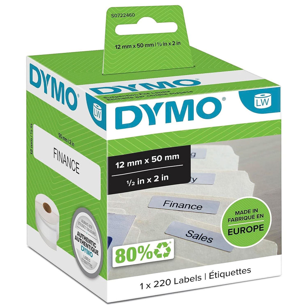 DYMO AUTHENTIC LW SUSPENSION FILE LABELS, 12MM X 50MM, SELF-ADHESIVE, ROLL OF 220 EASY-PEEL LABELS, FOR LABELWRITER LABEL MAKERS