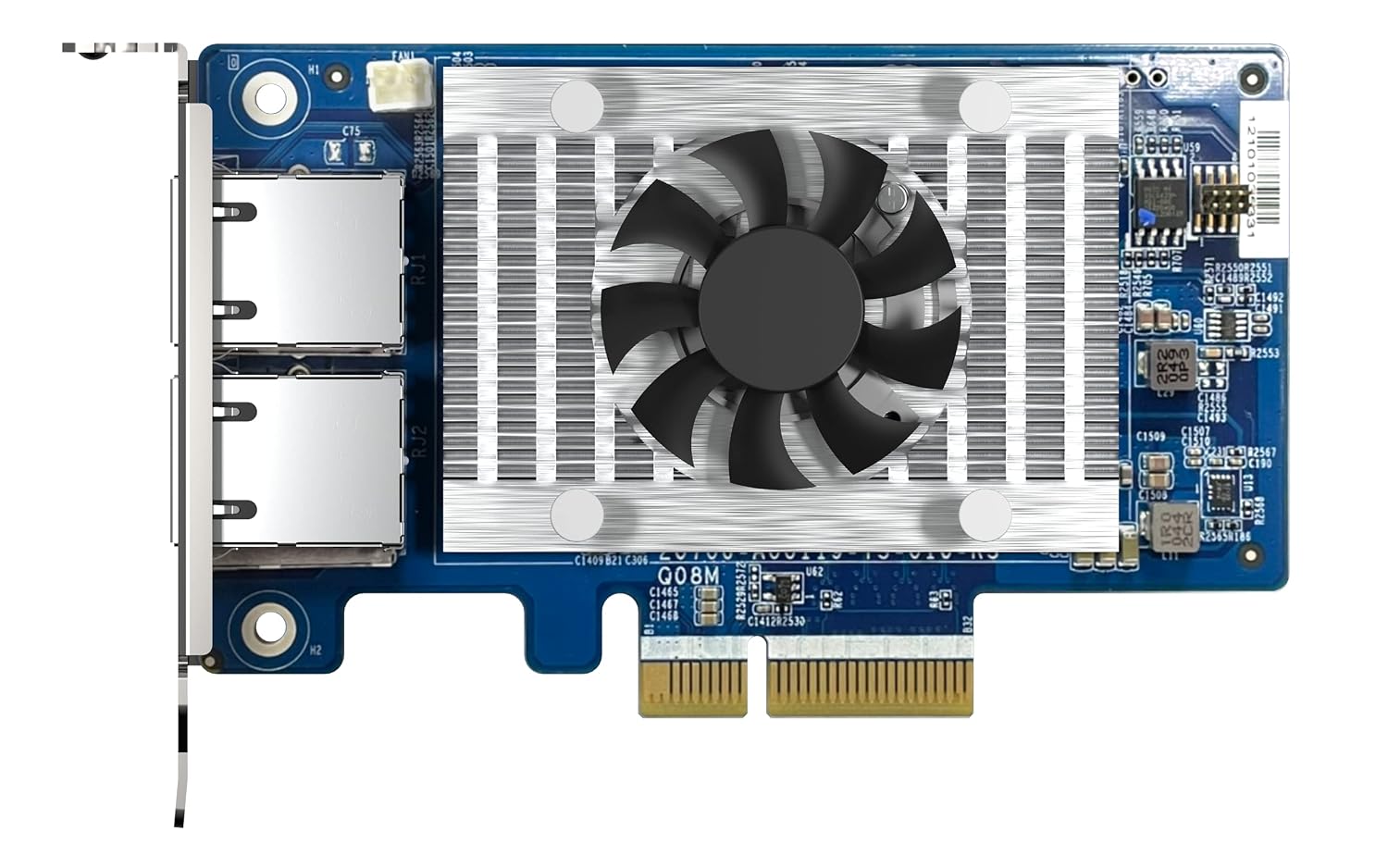 Computer graphics card with a cooling fan on a white background