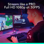 A man in a Logitech streaming setup sits at a desk with dual monitors, a keyboard, and a microphone, with text overlay reading 'Stream like a PRO Full HD 1080p at 30FPS'.