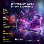 Promotional graphic for a 13-inch premium large screen display, showing a tilted smartphone-like monitor with a glowing purple otter scene on screen. Text highlights 144Hz refresh rate, 319 ppi, 13-inch 3504 x 2190 display, 99% DCI-P3 color, 800 nits brightness, Dolby Vision, and PureSight Pro.