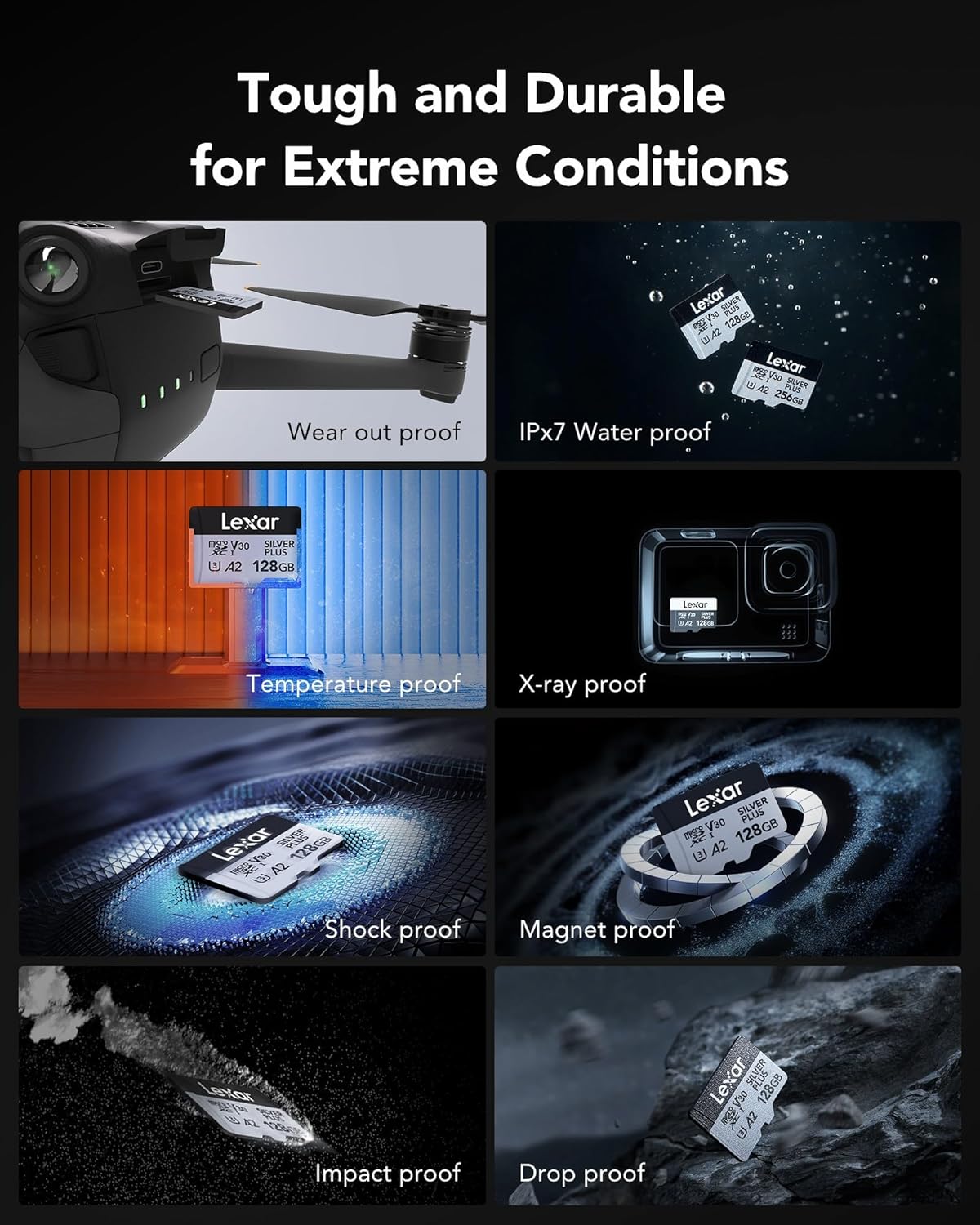 Lexar Silver PlusMicro SD Card, Microsdxc TF Card up to 205MB/s Reading, 100MB/s Write Micro SD+ Memory Card Adapter, A2, U3, Class 10, V30, Full HD and 4K UHD Video