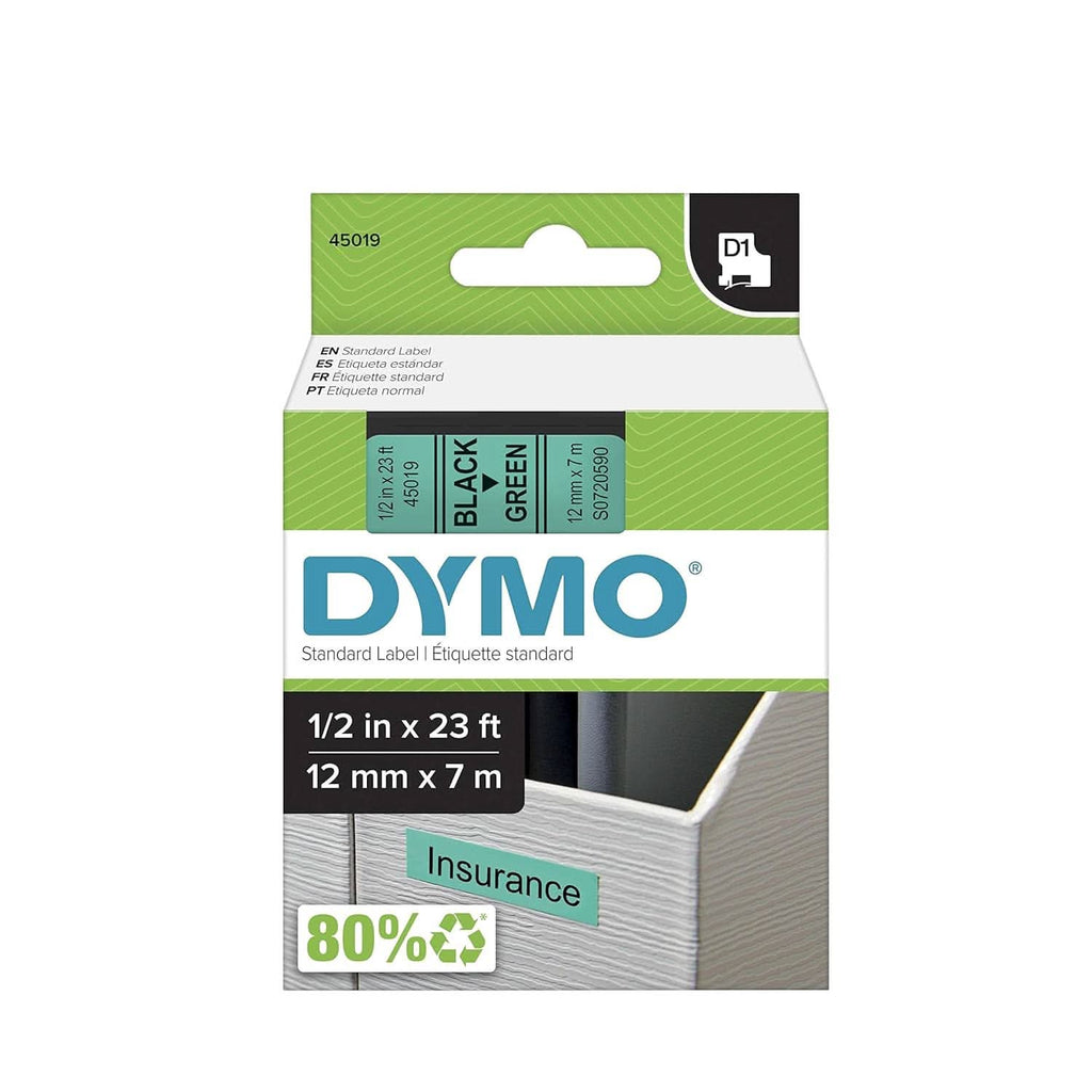 DYMO AUTHENTIC D1 LABELS, 12MM X 7M ROLL, GREEN PRINT ON BLACK TAPE, SELF-ADHESIVE LABELS FOR LABELMANAGER & MOBILELABELER LABEL PRINTERS