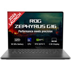A black ROG Zephyrus G16 laptop shown open against a white background, with a red '2026 LAUNCH' banner on the screen and feature callouts including 90 Whr Battery, CPU, RTX 5070 Ti, and 2.5K Display.