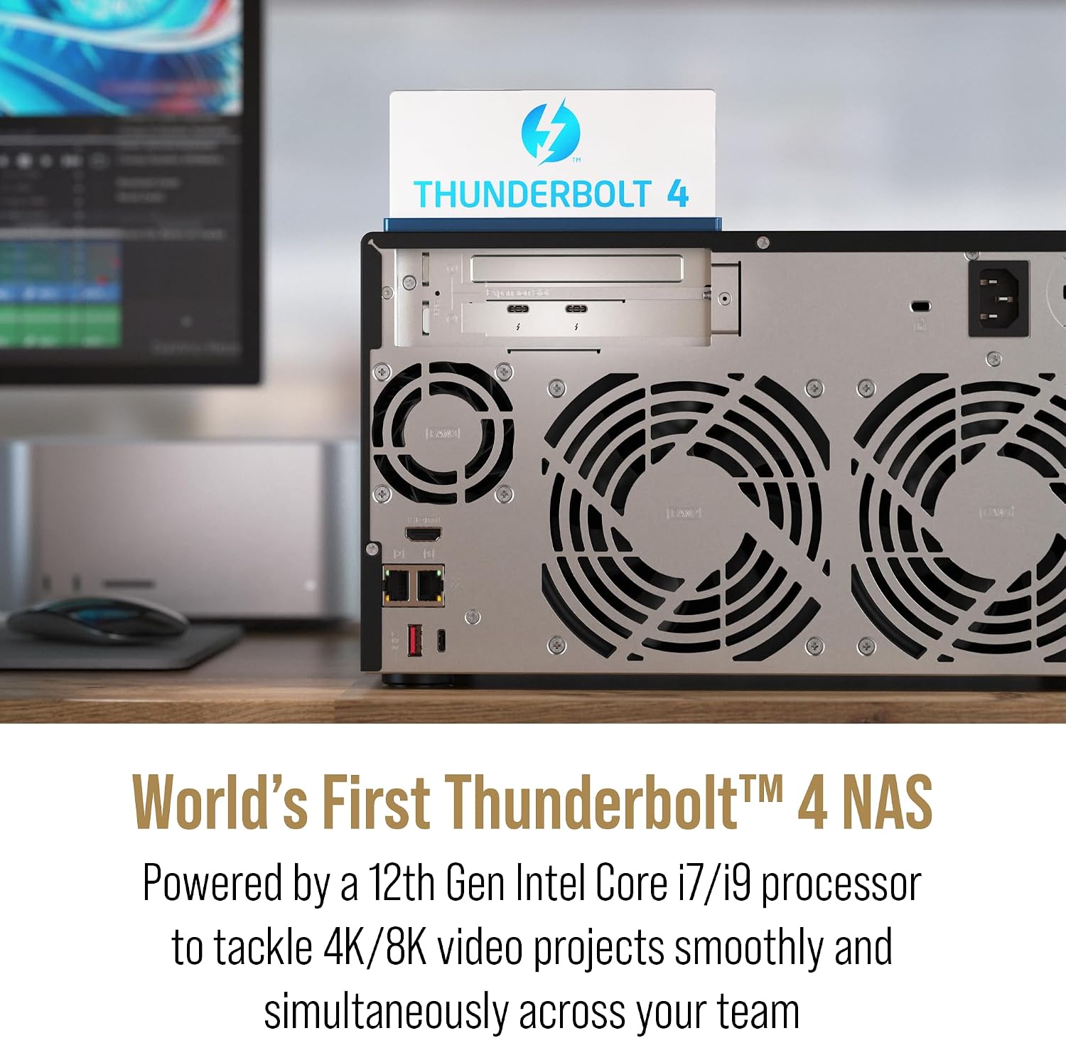 Back view of a NAS device with 'Thunderbolt 4' branding, featuring cooling fans and connectivity ports.