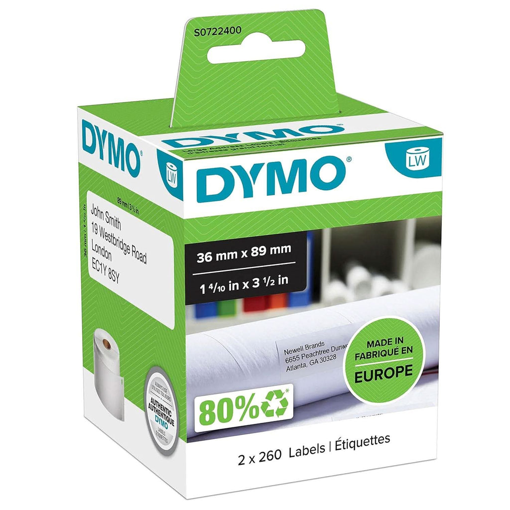 DYMO AUTHENTIC LW LARGE ADDRESS LABELS, 36MM X 89MM, SELF-ADHESIVE, ROLL OF 260, 2 PACK (520 EASY-PEEL LABELS), FOR LABELWRITER LABEL MAKERS