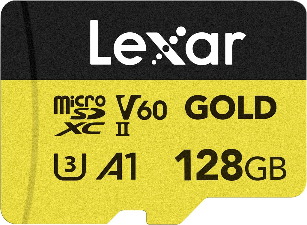 Lexar 128GB Professional Gold Micro SD Card, UHS-II, C10, U3, V60, A1, Full HD, 4K, Up to 280/100 MB/s microSDXC Memory Card, for Drones, Action Cameras, Portable Gaming Devices (LMSGOLD128G-BNNNG)