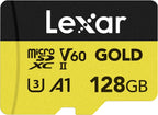 Lexar 128GB Professional Gold Micro SD Card, UHS-II, C10, U3, V60, A1, Full HD, 4K, Up to 280/100 MB/s microSDXC Memory Card, for Drones, Action Cameras, Portable Gaming Devices (LMSGOLD128G-BNNNG)
