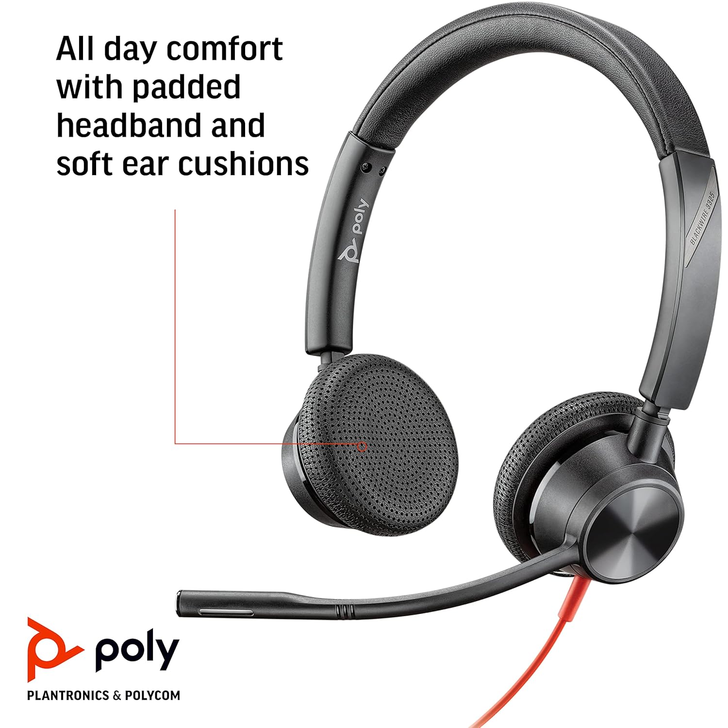 POLY Blackwire 3225 USB-C Wired Headphone with Noise Cancelling Boom Mic - Black