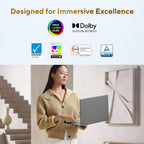 Woman using a laptop with branding logos on a white background